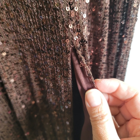Ieena for Mac Duggal, Sequined Faux Wrap Ruched Gown, Chocolate, Size 10, NWT - Picture 13 of 16